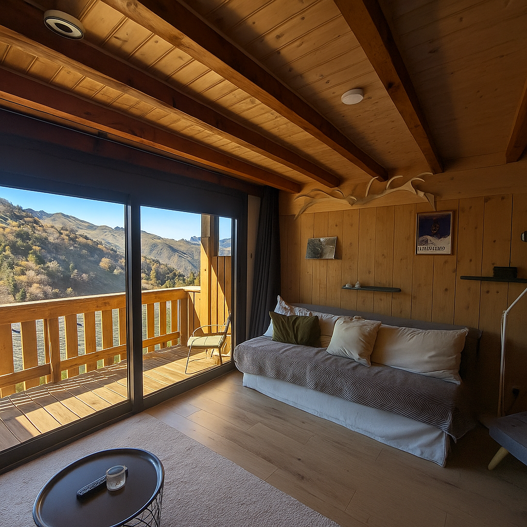 Espace salon du chalet le repaire du cerf de guzet.